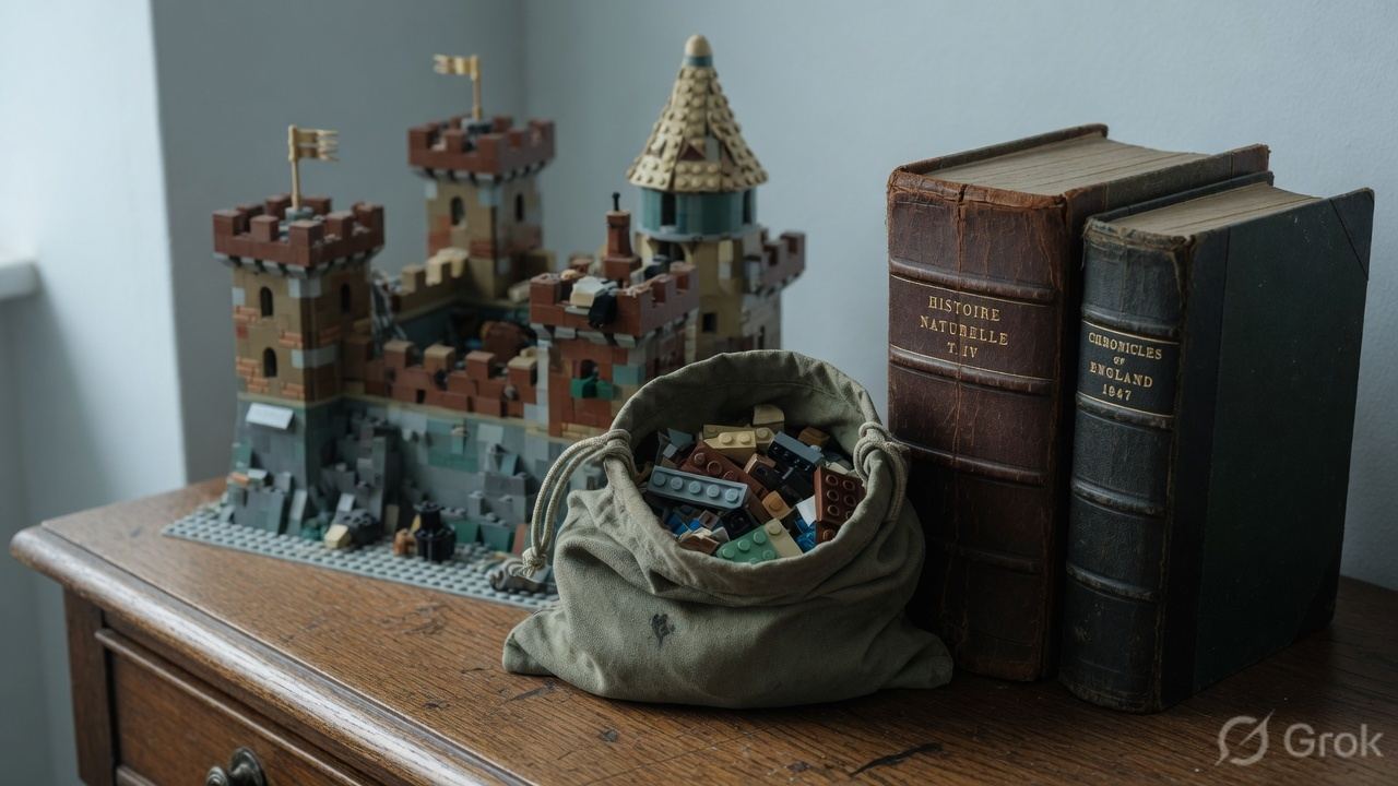 A small bag of extra Lego bricks between two old leather books, with a finished castle behind them.